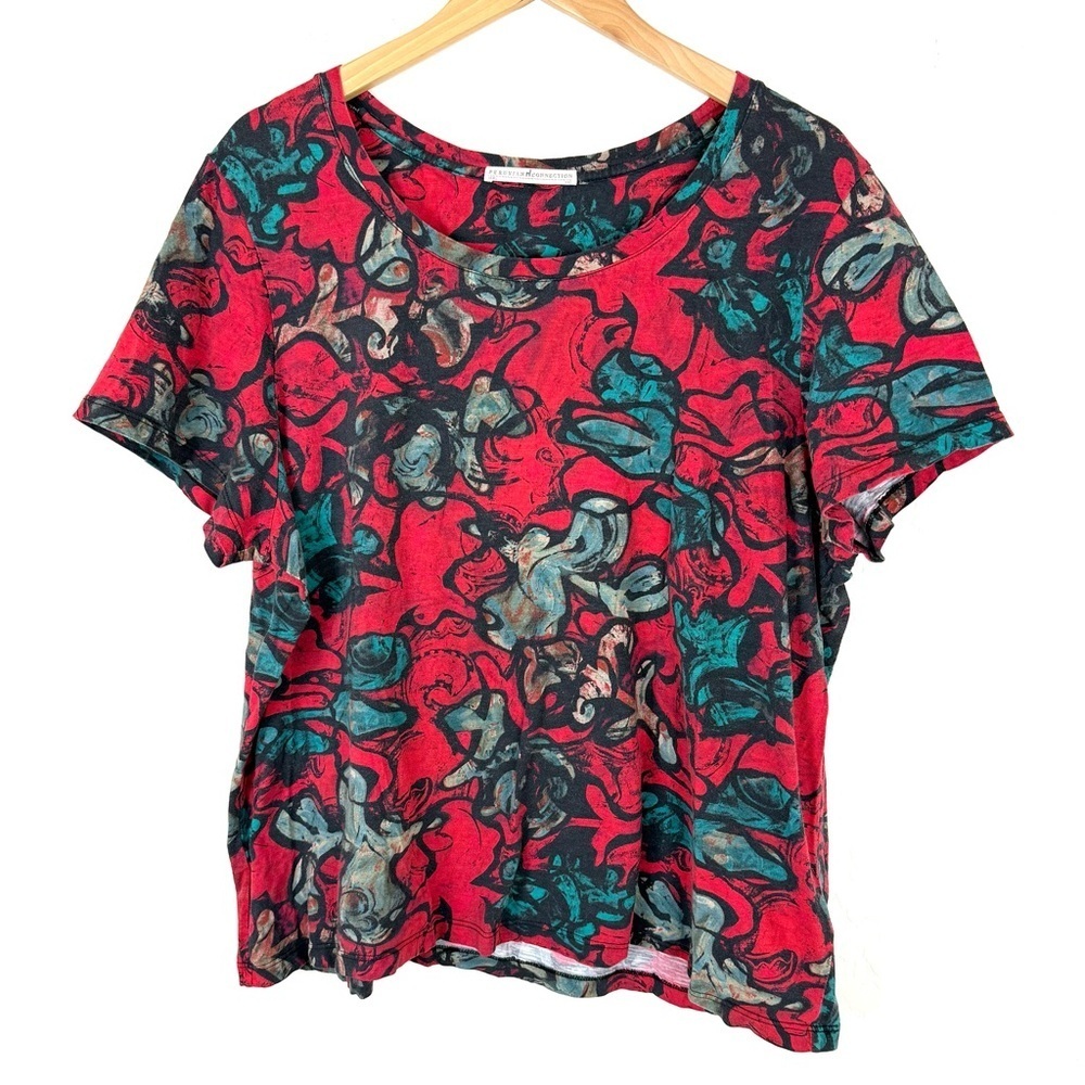 Peruvian Connection Red Blue Abstract Floral 100% Cotton Blouse